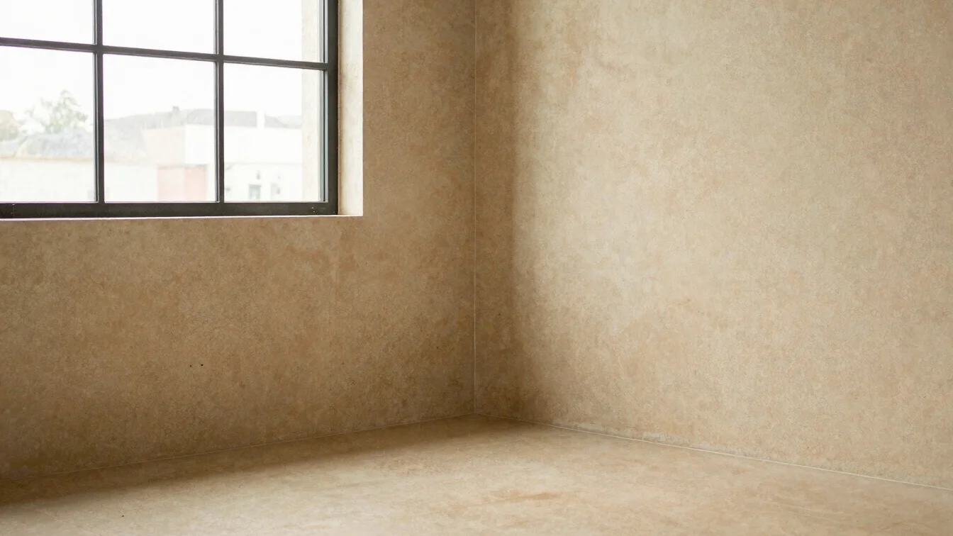 Quiet studio corner with natural linen textures and warm diffused ambient light, muted earthy sandstone tones, 35mm grai
