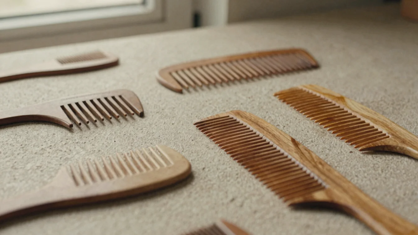 Close-up details of combs and styling tools on natural timber, warm daylight, muted earthy sandstone tones, 35mm grain