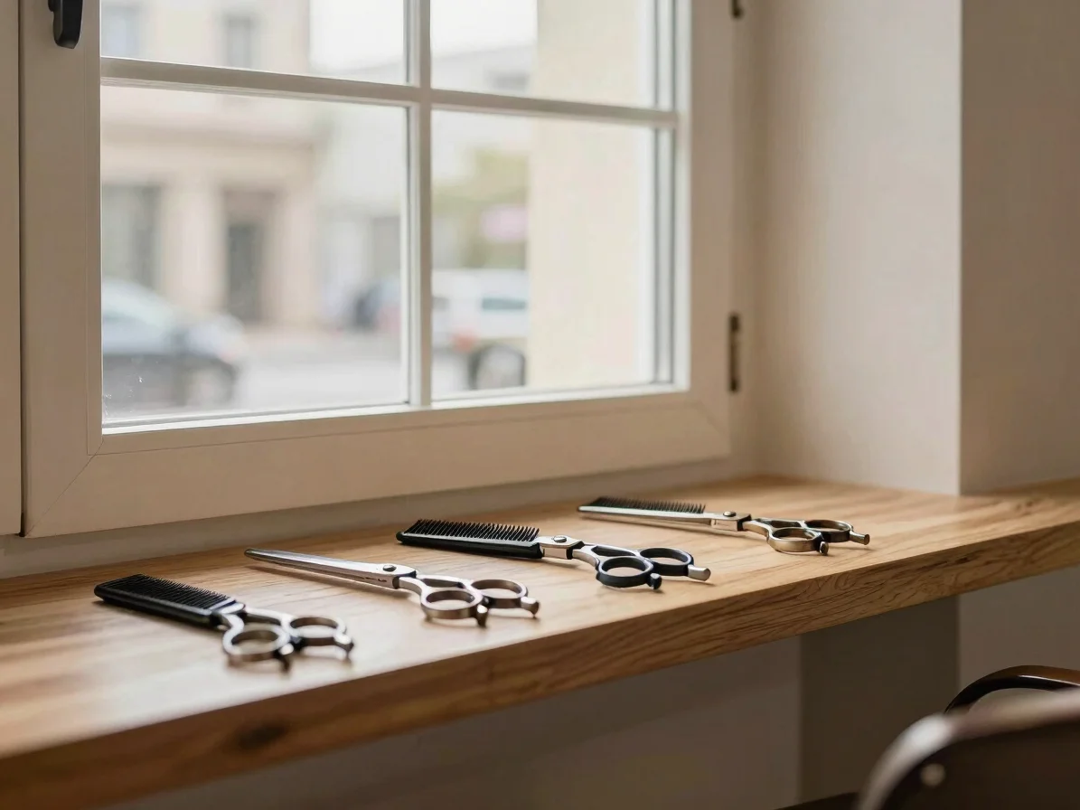 Warm morning window daylight across professional shears and combs resting on a natural timber shelf in a calm studio