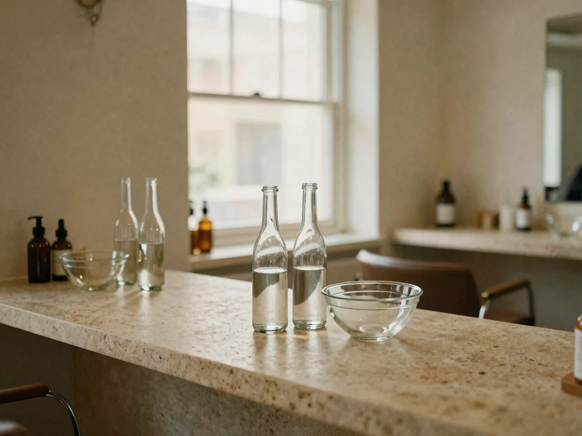 Soft diffused ambient light on clean glass bottles and mixing bowls on sandstone countertops