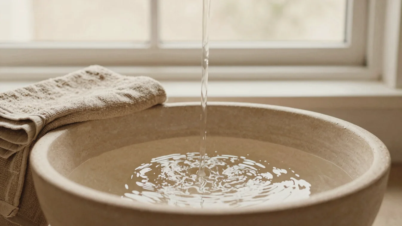 Warm water pouring softly into a ceramic basin with natural linen towels nearby