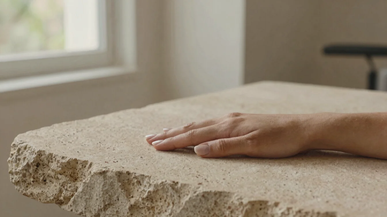 Manicured hands resting calmly on a natural sandstone surface under soft daylight
