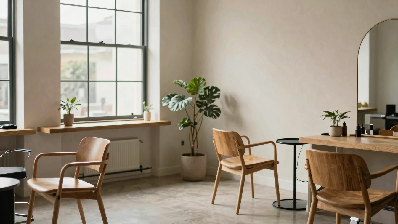 Quiet corner of a bright studio with natural timber chairs and muted botanical accents