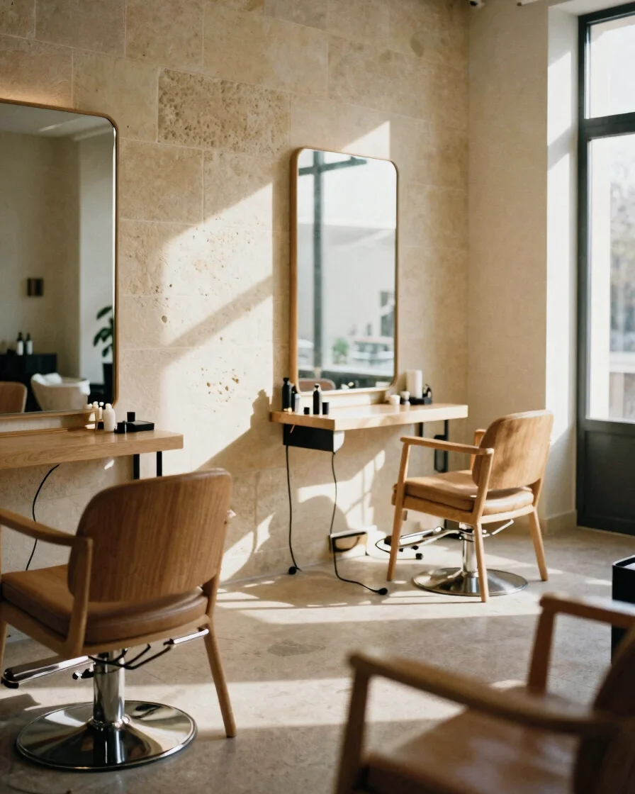 Warm editorial salon photography, interior details of timber chairs and soft morning light casting shadows across sandst
