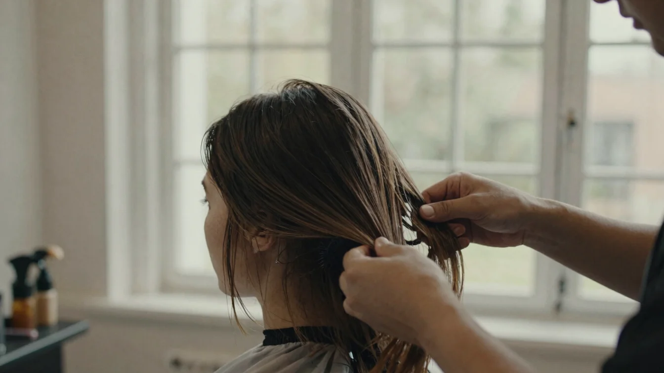 Hands styling hair texture in soft morning window daylight, muted earthy sandstone tones, subtle depth of field, 35mm gr